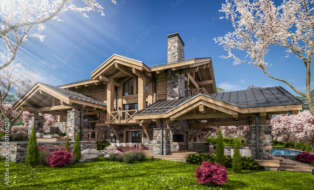 3d rendering of modern cozy chalet with pool and parking for sale or rent. Beautiful forest mountains on background. Fresh spring day with a blooming trees with flowers of sakura on background. 3d rendering of modern cozy chalet with pool and parking for sale or rent. Beautiful forest mountains on background. Fresh spring day with a blooming trees with flowers of sakura on background.