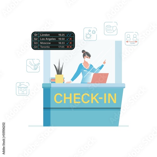 Woman airport worker wearing mask at checkin counter. New normal safety rules coronavirus quarantine covid-19 lockdown condition