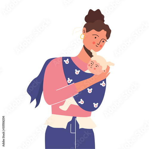 Mother with daughter. Baby in a sling. Vector illustration.