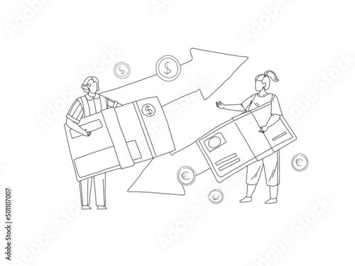 Man transferring money to girl using bank card live vector illustration. Wireless international cross-currency transfer and exchange, mobile banking illustration