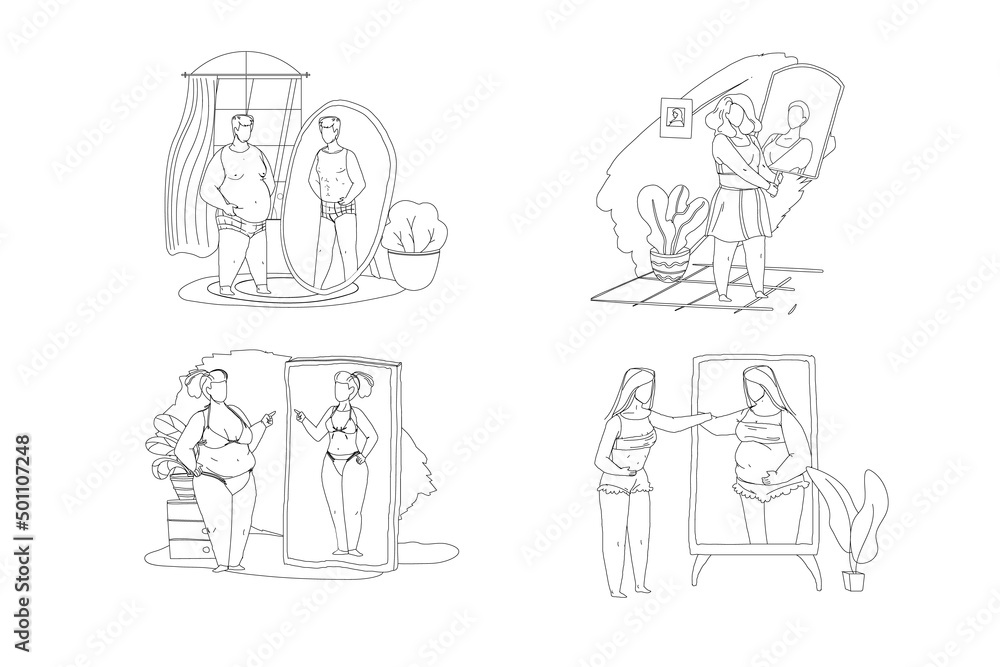 People looking at mirror reflection isolated outline vector set. Body rejection problem, dysmorphophobia, self hate, dissatisfaction with appearance concept