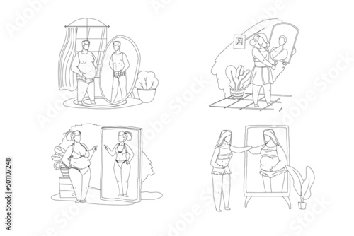 People looking at mirror reflection isolated outline vector set. Body rejection problem, dysmorphophobia, self hate, dissatisfaction with appearance concept