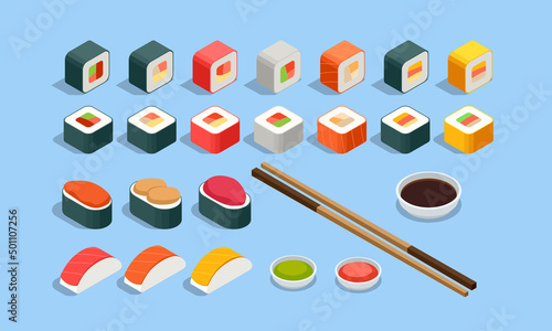 Isometric Sushi Rolls with Salmon, Avocado, Cream Cheese. Seafood Set Isolated Rolls on White Background. Sushi Menu. Japanese Food.
