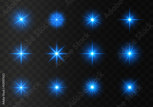 Transparent shining sun, star explodes and bright flash. Blue bright illustration starburst. Set of glowing light stars on a transparent background. 