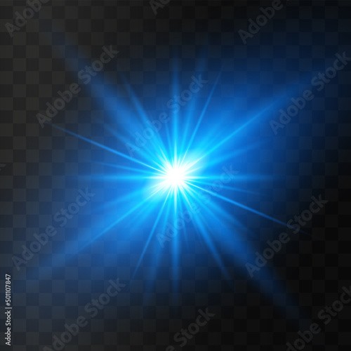 Blue glowing light star on a black background. Transparent shining sun, star explodes and bright flash. Blue bright illustration starburst. 