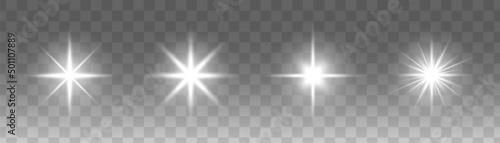 Set of glowing light stars with sparkles. Transparent shining sun, star explodes and bright flash. White bright illustration starburst.