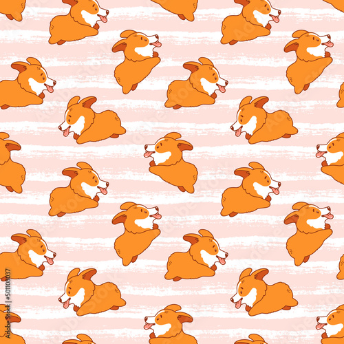 Corgi seamless pattern. Cute and happy running welsh corgi puppies on a striped background. Funny dog character and brush painted stripes. Vector illustration.