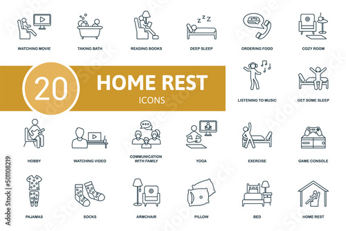 Home Rest set icon. Contains home rest illustrations such as taking bath, deep sleep, cozy room and more.