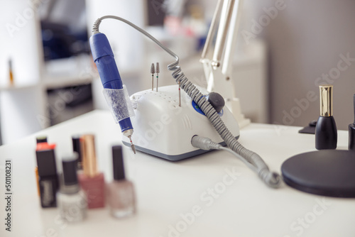 Working table of manicure master in beauty salon