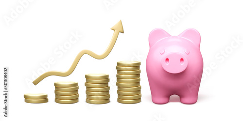 Stacks of money with growth arrow up and piggy bank business and investment concept. 3D realistic graphic element. Vector illustration