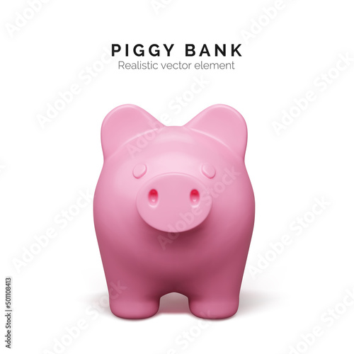 Realistic pink pig front view. Piggy bank isolated on white background. Piggy bank concept of money deposit and investment. Vector illustration