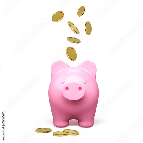 Pink piggy bank front view with falling gold coin. Money savings concept. 3D realistic pretty pig. Finance investment and business concept. Vector illustration