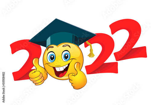 2022  emoji smile in graduation cap. Template for greeting, invitation card graduation party.  Vector on transparent  background