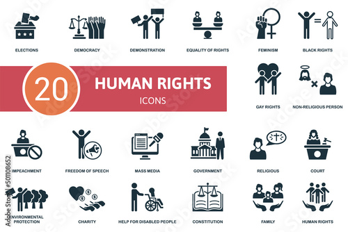 Human Rights set icon. Contains human rights illustrations such as democracy, equality of rights, black rights and more.
