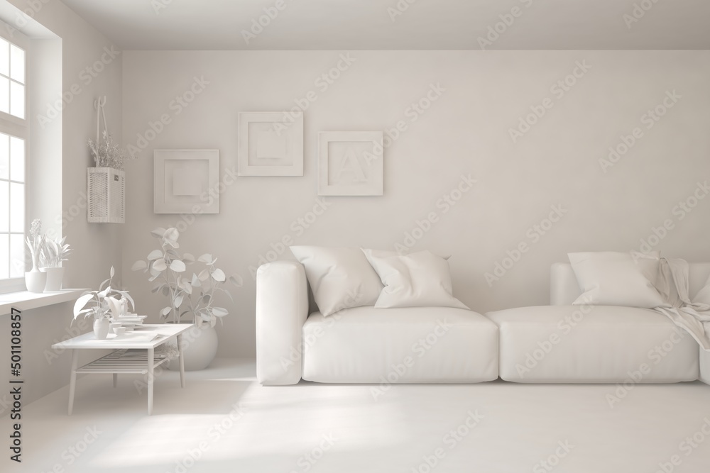 Mock up of minimalist living room in white color with sofa. Scandinavian interior design. 3D illustration Mock up of minimalist living room in white color with sofa. Scandinavian interior design. 3D illustration