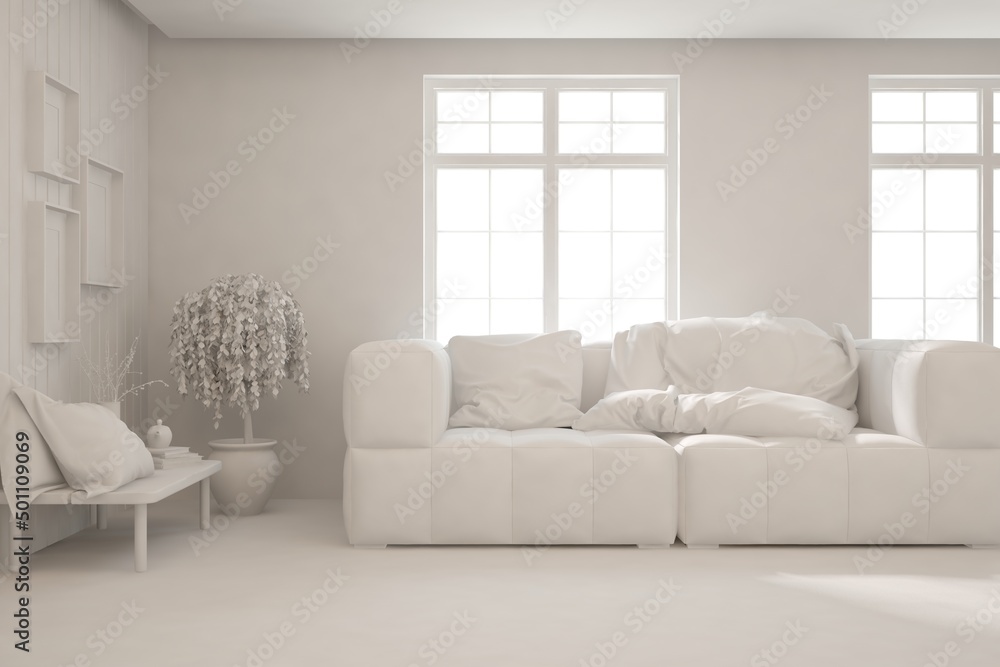 Fototapeta premium White minimalist living room with sofa. Scandinavian interior design. 3D illustration