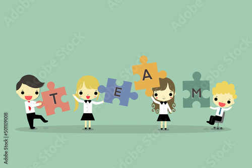 Business concept. Team metaphor. people connecting puzzle elements. Symbol of teamwork, cooperation, partnership illustration.