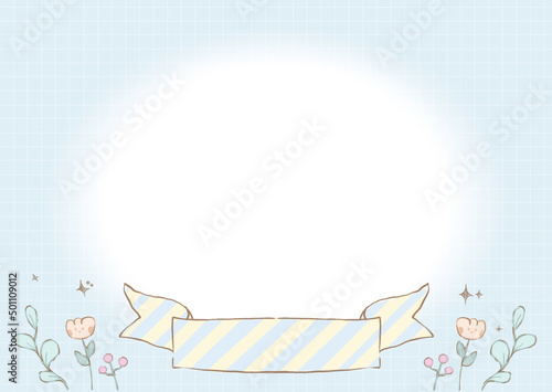 Flower and leaf with ribbon on frame background border. Botanical pastel background, illustration.