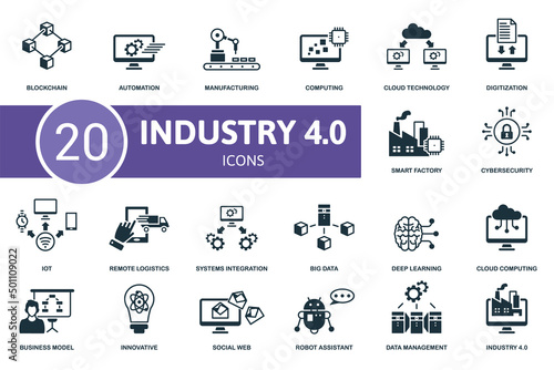 Industry 4.0 icon set. Contains editable icons industry 4.0 theme such as automation, computing, digitization and more.