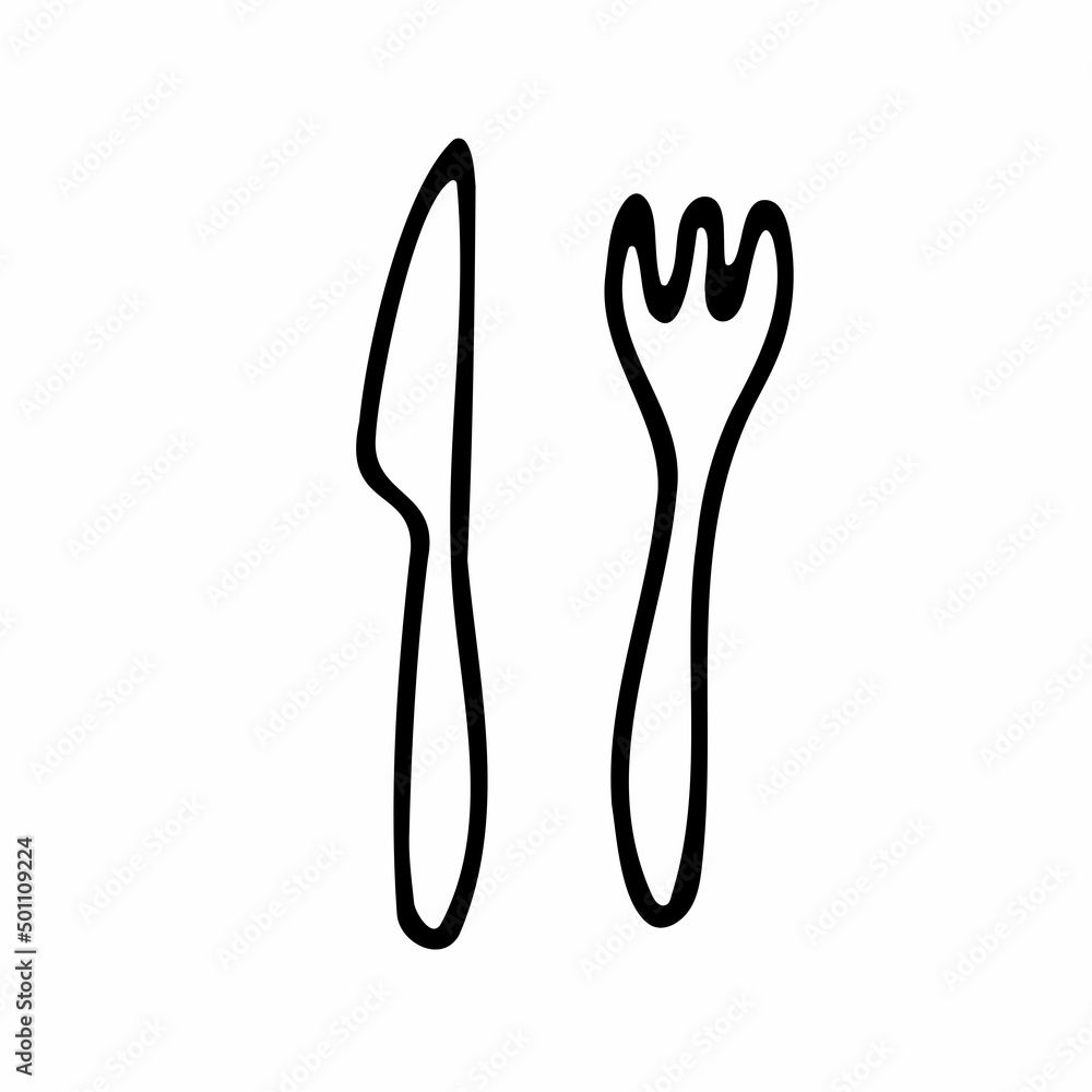 Doodle cutlery set. Outline fork, knife isolated on white background. Cozy kitchen utensils, kitchenware, dishes for dinner, lunch. Hand-drawn table setting, cafe, restauran sign. Vector illustration Doodle cutlery set. Outline fork, knife isolated on white background. Cozy kitchen utensils, kitchenware, dishes for dinner, lunch. Hand-drawn table setting, cafe, restauran sign. Vector illustration