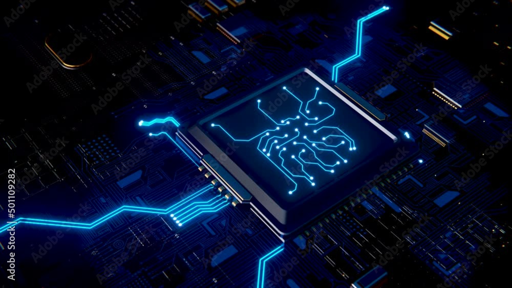 3D Microchip. Visualization of a digital impact or a processor or ...