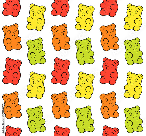 Vector seamless pattern of colored hand drawn doodle sketch gummy bear isolated on white background