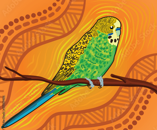 Green budgie on tree aboriginal art