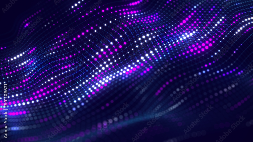 Futuristic glowing wave. The concept of big data. Network connection. Cybernetics and technology. Abstract blue background of moving blue and purple dots. 3d rendering. Futuristic glowing wave. The concept of big data. Network connection. Cybernetics and technology. Abstract blue background of moving blue and purple dots. 3d rendering.