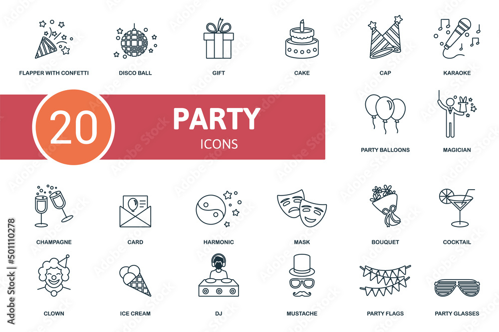 Party Icon set icon. Contains party icon illustrations such as disco ball, cake, karaoke and more.
