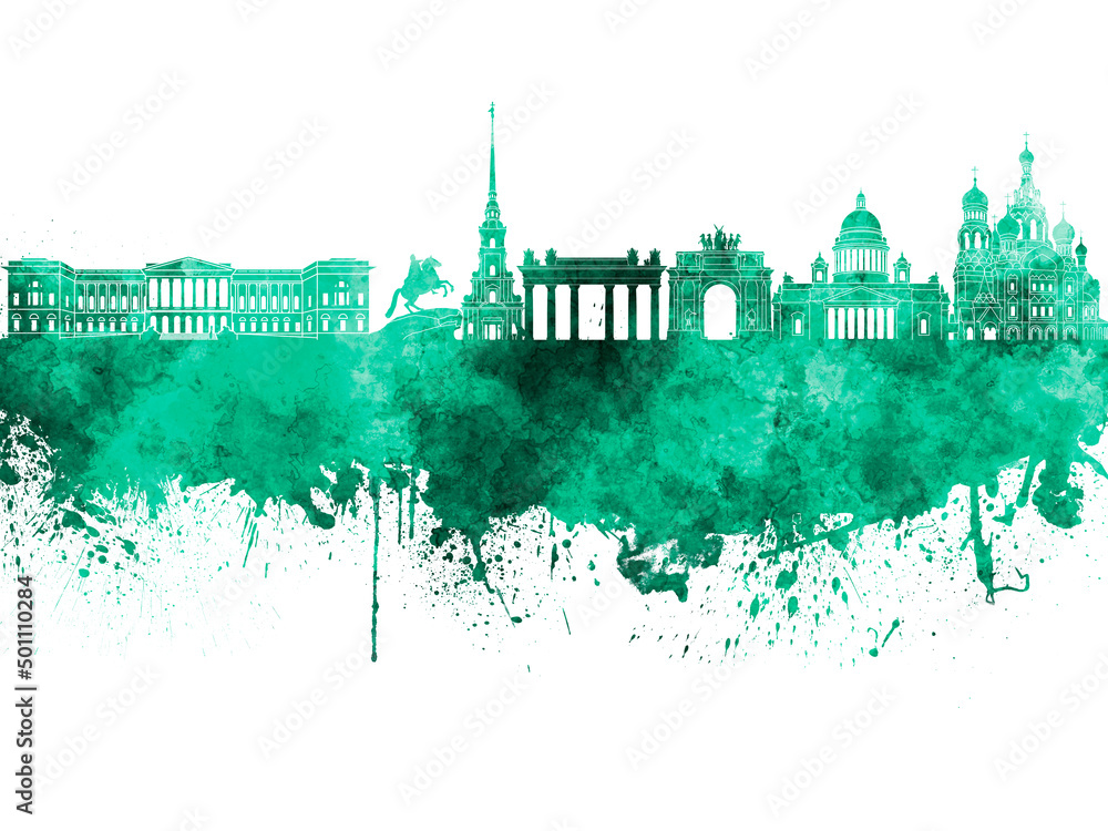 Saint Petersburg skyline in green watercolor on white background