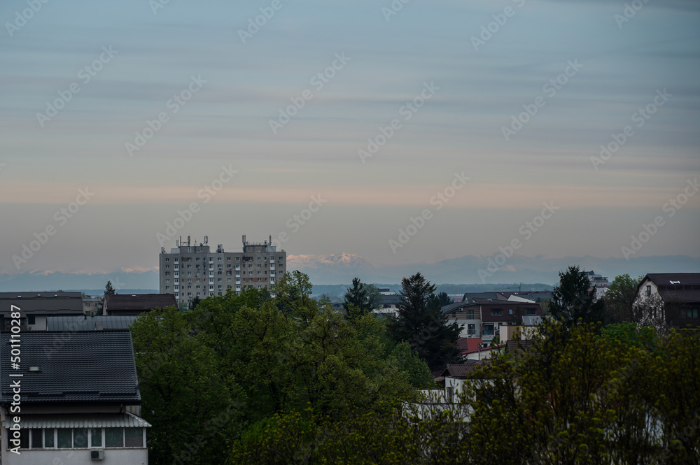 the ridges of the Bucegi mountains seen from Bucharest. scenery.