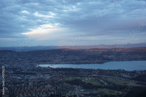 Storm over Lake Zurich. Canton of Zurich. Switzerland. Alps mountains panorama. View from Mount Uetliberg