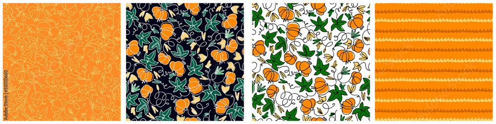 Seamless patterns set with pumpkins on white background. Hand drawn vector illustration. Healthy vegetables concept, autumn concept, Halloween concept Seamless patterns set with pumpkins on white background. Hand drawn vector illustration. Healthy vegetables concept, autumn concept, Halloween concept