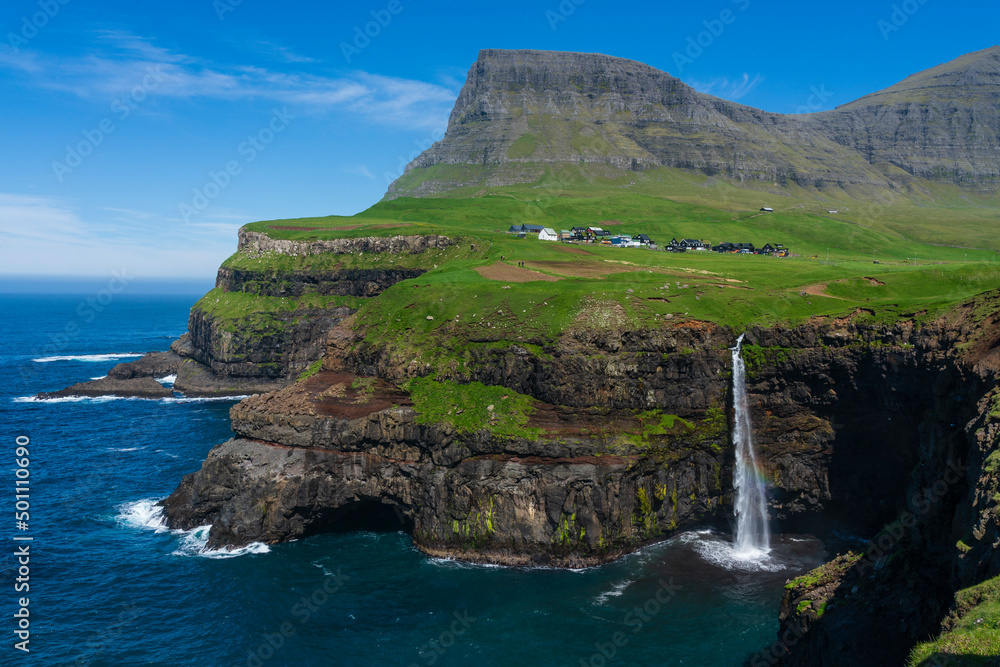 Mulafossur waterfall, Gasaldur, Vagar Island, Faroe Islands, Denmark Mulafossur waterfall, Gasaldur, Vagar Island, Faroe Islands, Denmark