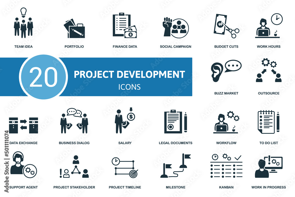 Project Development set icon. Contains project development illustrations such as portfolio, social campaign, work hours and more.