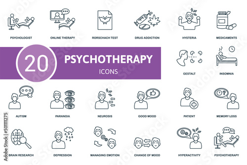 Psychotherapy set icon. Contains psychotherapy illustrations such as online therapy, drug addiction, medicaments and more.