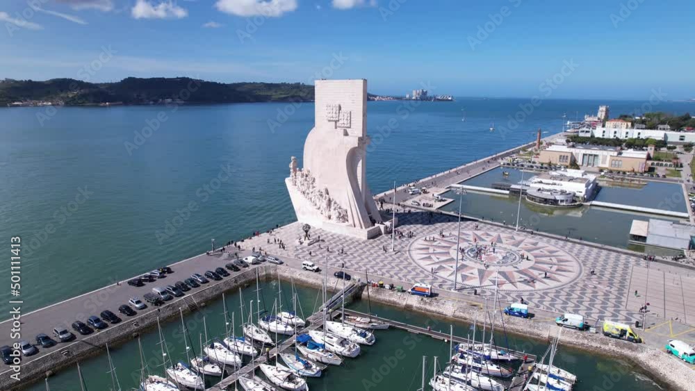 DRONE AERIAL FOOTAGE: The Padrao dos Descobrimentos (Monument to the Discoveries) is a monument on the bank of the Tagus River in Lisbon, Portugal.