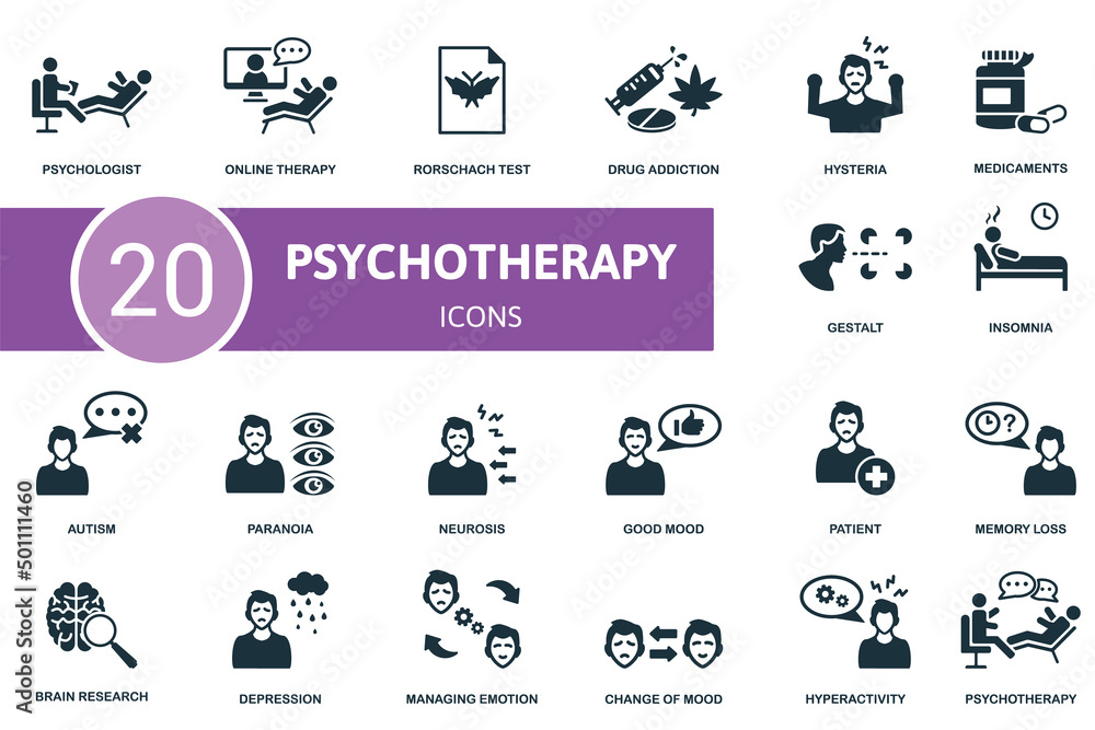 Psychotherapy set icon. Contains psychotherapy illustrations such as online therapy, drug addiction, medicaments and more. Psychotherapy set icon. Contains psychotherapy illustrations such as online therapy, drug addiction, medicaments and more.