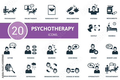 Psychotherapy set icon. Contains psychotherapy illustrations such as online therapy, drug addiction, medicaments and more.