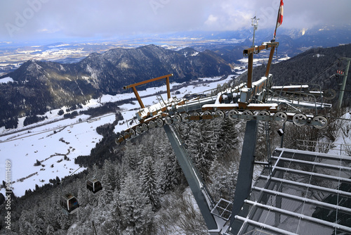 Cable car and cable way on Breitenberg mountain in Tannheim range, Bavarian Alps, Bavaria, Germany, Europe.