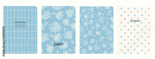 Set of cover page templates with viola flowers. Based on seamless patterns. Headers isolated and replaceable. Perfect for school notebooks, notepads, diaries