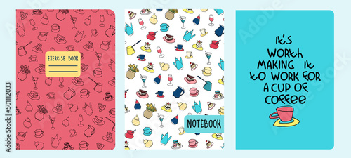 Cover page vector templates based on patterns with hand drawn cafe objects, cakes, coffee pots, cups glasses. Girly delight concept. Background for student exercise books, notebooks, diaries