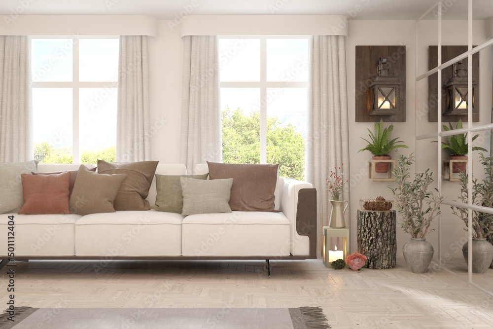 Fototapeta premium White living room with sofa and summer landscape in window. Scandinavian interior design. 3D illustration