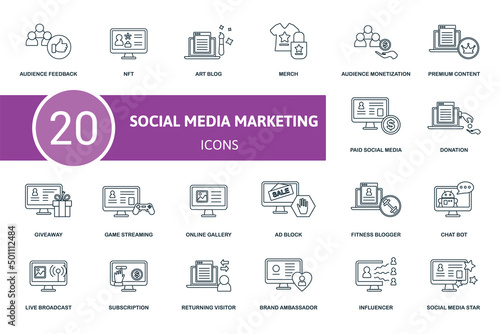 Social Media set icon. Contains social media illustrations such as like, advertising, callaberation and more.