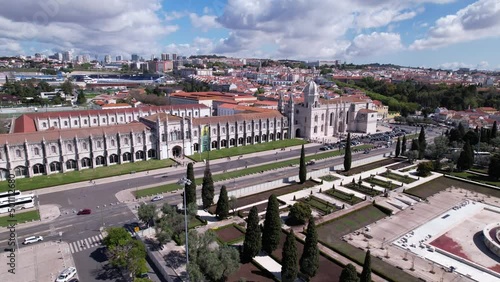 DRONE AERIAL FOOTAGE: The Monastery of Jeronimos (or the Royal Monastery of Saint Mary of Belém), was founded by King D. Manuel I in the beginning of the 16th century in Lisbon, Portugal. photo
