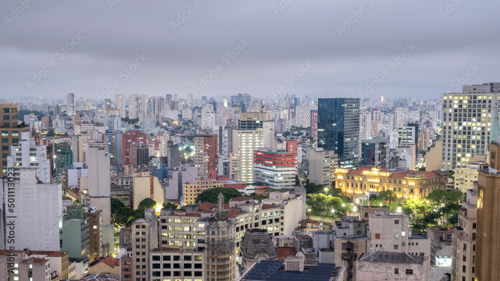 Elevated view downtown, city centre showing the illuminated Tribunal de Justica (Court of Justice) building, Sao Paulo Elevated view downtown, city centre showing the illuminated Tribunal de Justica (Court of Justice) building, Sao Paulo