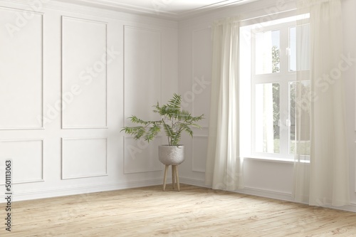 White empty room. Scandinavian interior design. 3D illustration