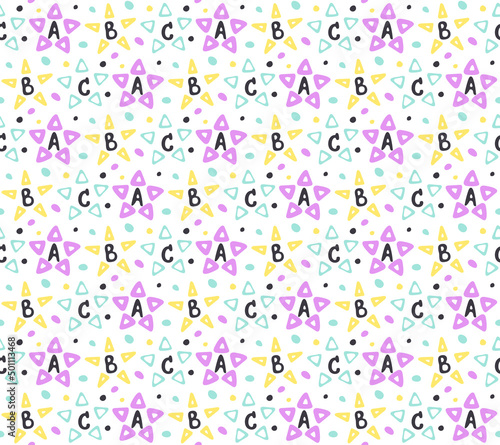 Baby stars, ABC seamless pattern. Hand drawn doodle paint brush design, alphabet font, gender neutral bright color palette. Nursery decor prints. White easy editable color background