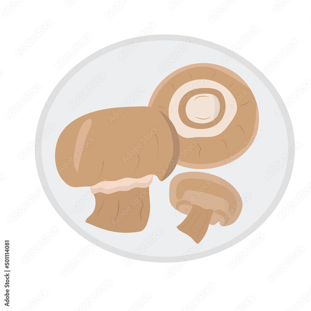 Champignon mushrooms whole and sliced on a plate. For restaurants, cafes. Healthly food. Vector. Champignon mushrooms whole and sliced on a plate. For restaurants, cafes. Healthly food. Vector.