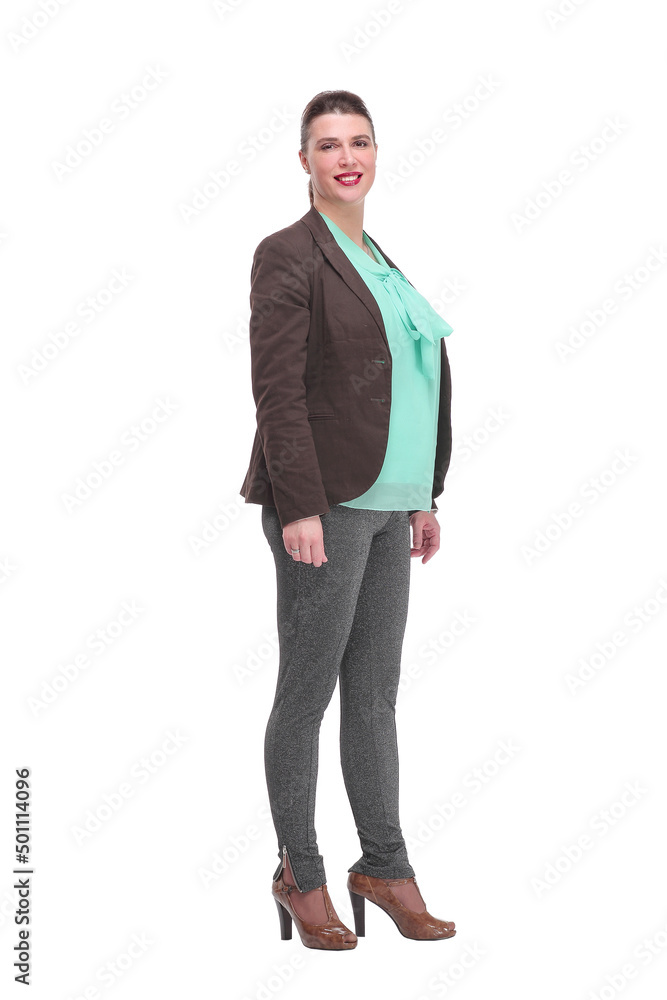 Full length of beautiful businesswoman with an open hand Full length of beautiful businesswoman with an open hand